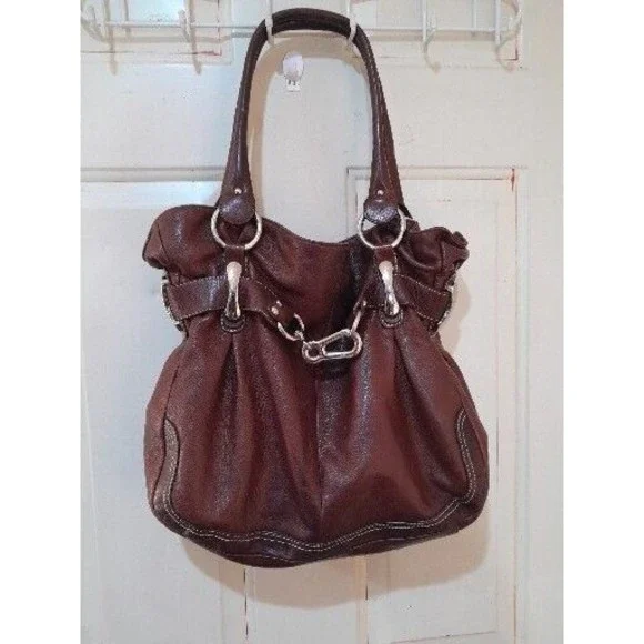 Leather Purse B.MAKOWSKY Raisin Brown Belted Clip Shoulder Bag -VERY NICE - Picture 1 of 16